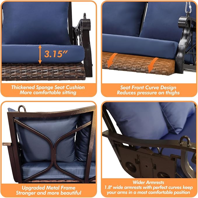 3-Person Wicker Porch Swing Chair Heavy Duty 900 LBS Outdoor Rattan Patio Swing - Image 4