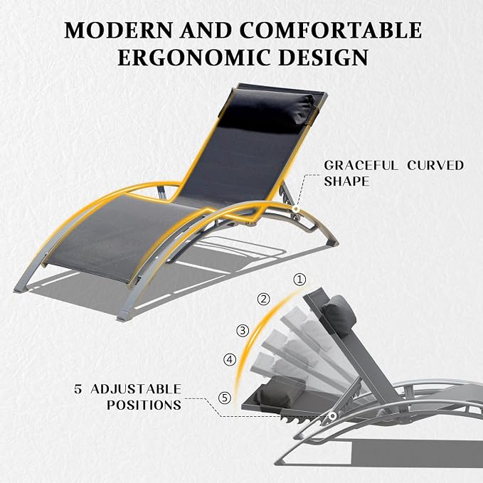 Domi Pool Lounge Chairs Set of 3, Adjustable Aluminum Outdoor Chaise Lounge - Image 5