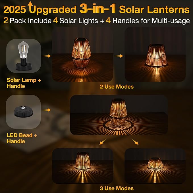 Uspring 2 Pack 3-in-1 Solar Lanterns Outdoor Waterproof Rattan Woven Hanging - Image 2