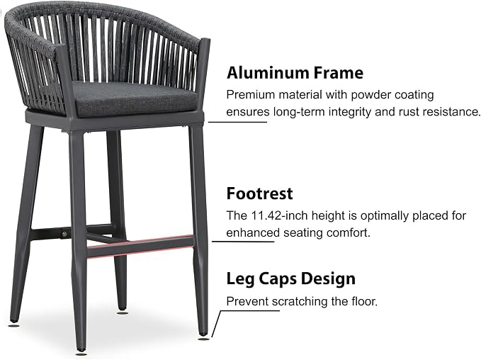 PURPLE LEAF Outdoor Bar Height Stools Set of 2 Patio Metal Modern Wicker Bar - Image 4
