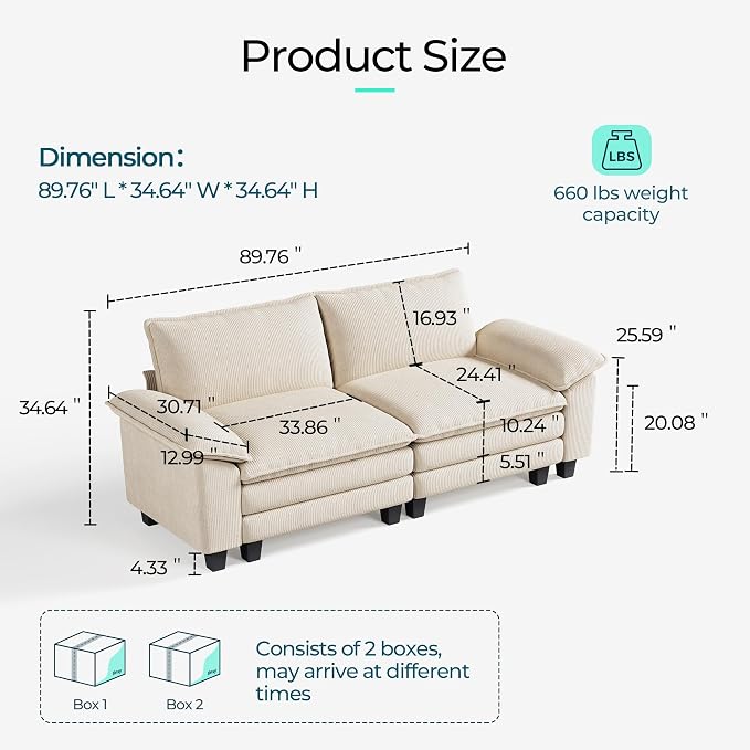 LINSY HOME 90'' Cloud Loveseat Sofa, Modular Sectional Couches Corduroy Cloud - Image 2