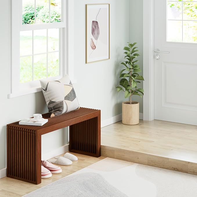 Bamboo Dining Bench Indoor Long Entryway Shoe Rack Bench, Outdoor Modern Wood - Image 2