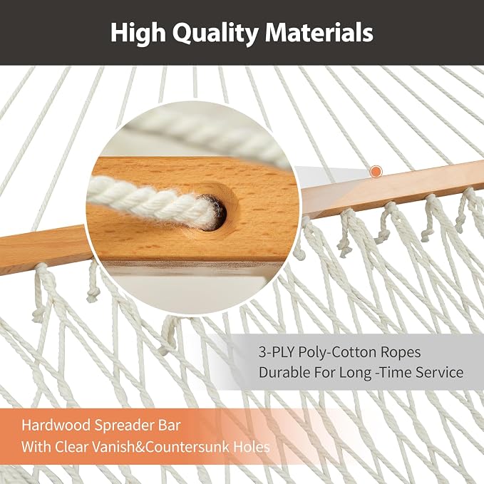 Outdoor Double Hammock with Hardwood Spreader Bars, Large Rope Hammock with - Image 5