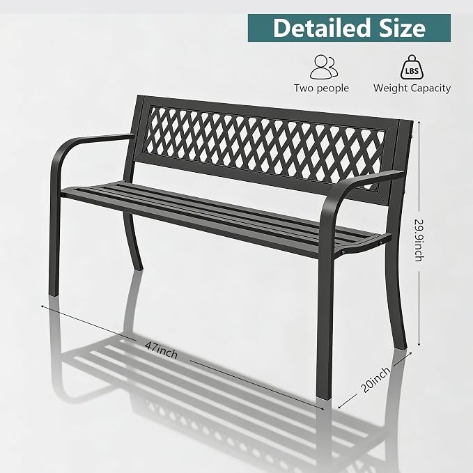 Outdoor Garden Bench, Weatherproof Metal Park Bench - Image 3