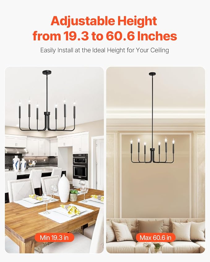 VEVOR 6-Light Chandelier, Metal Farmhouse Chandelier, Adjustable Height - Image 4