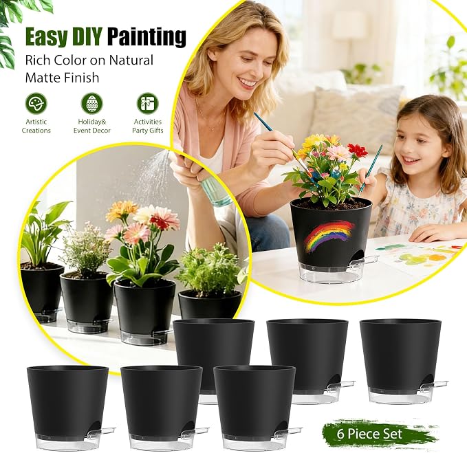 Plant Pots 6 Inch Self Watering Pots, 6 Pack Plastic Planters - Image 6