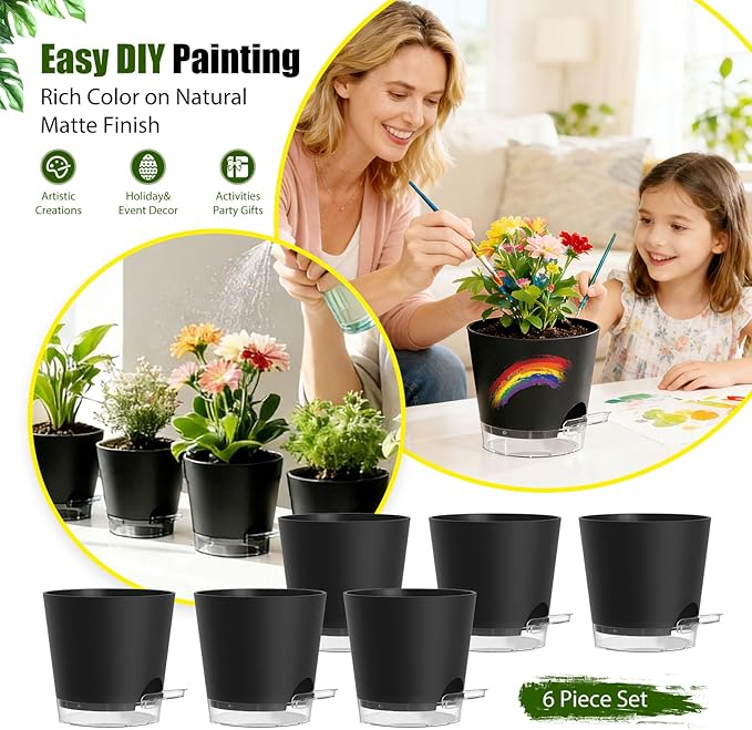 Plant Pots 5 Inch Self Watering Pots, 6 Pack Plastic Planters - Image 6
