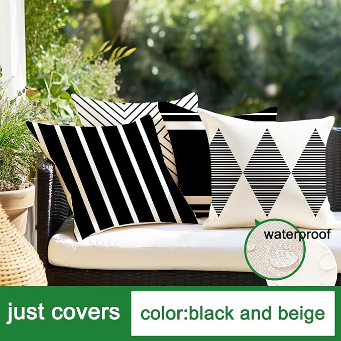 RABUSOFA Outdoor Pillows Waterproof, 16x16 inch Black and White Boho Set of 4 - Image 5