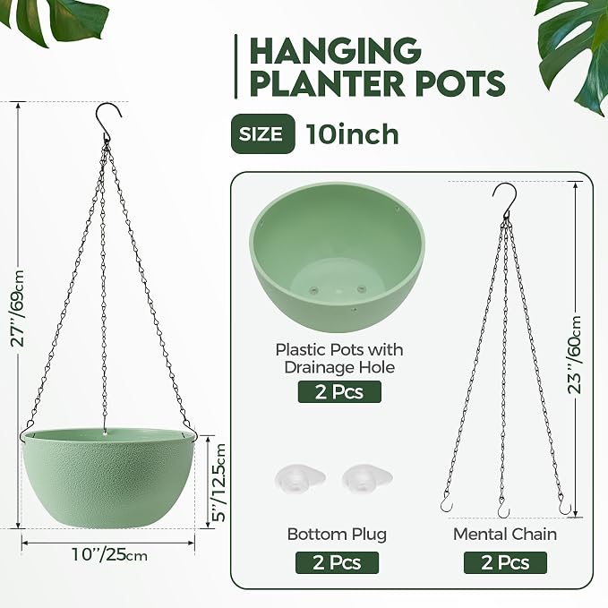 T4U 10 Inch Hanging Planters for Indoor Outdoor Plants, 2 Pack Plastic Hanging - Image 2