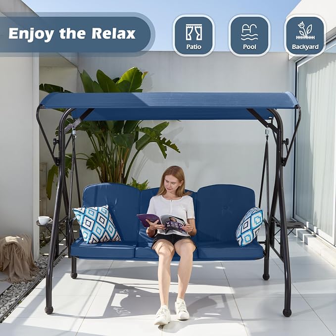 800LBS Patio Swing with Canopy 3 Seat Outdoor Porch Swing with Stand w/Cup - Image 7