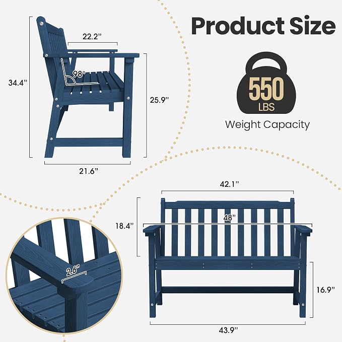 Ciokea 48" Outdoor Bench Set of 2, HDPE Weatherproof Garden Bench, 2-Person - Image 2