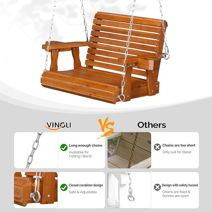 VINGLI Heavy Duty 440 LBS 1-Person Wooden Patio Porch Swing - Image 3