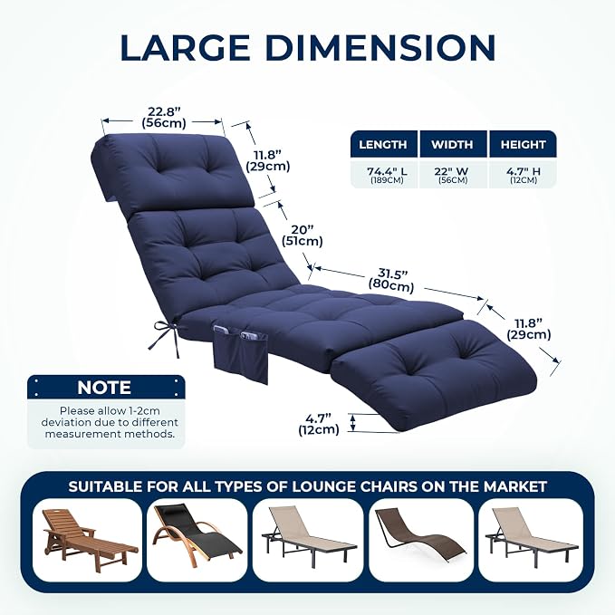 Outdoor Chaise Lounge Chair Cushion Waterproof 74.4 x 22 x 4.7 Inches Lounge - Image 3
