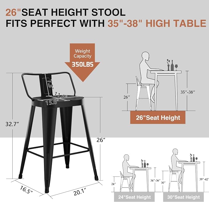 ALISH 26 Inch Bar Stools Set of 4, Industrial Metal Barstools Farmhouse Bar - Image 2
