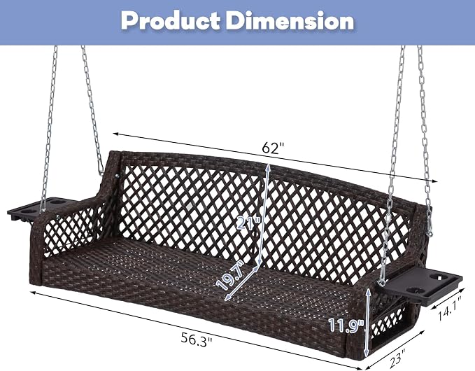 3 Seat Porch Swing, Wicker Patio Swing - Image 7