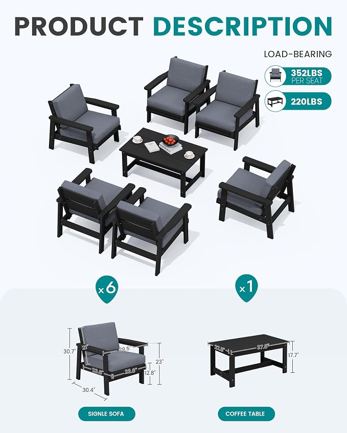 SERWALL HDPE Outdoor Furniture Set, 7 Piece All Weather Wood-Like Outdoor Sofa - Image 2
