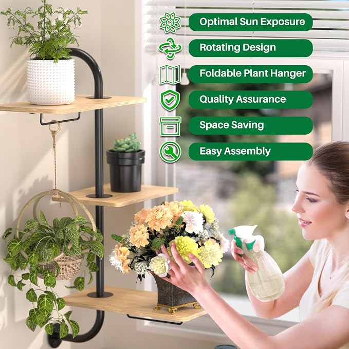 YUOROS Window Plant Shelves, 3-Tier Rotating Plant Shelf Stand, Indoor Metal - Image 4