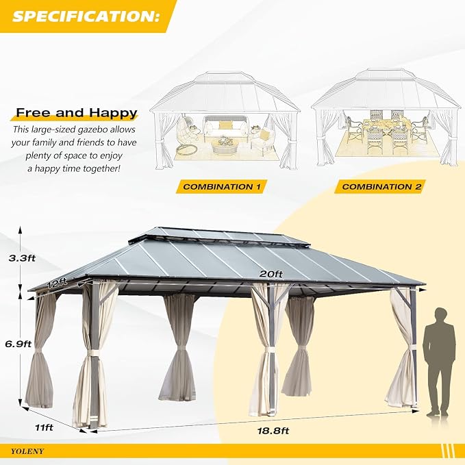 YOLENY 12' X 20' Hardtop Gazebo, Aluminum Composite Ventilation Double Roof - Image 4