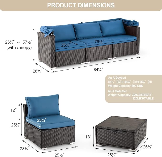 Vicluke 6 Pieces Patio Furniture Sets Outdoor Sectional Sofa Set Rattan Daybed - Image 7