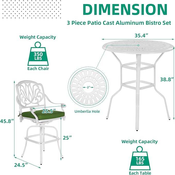 VIVIJASON 3-Piece Patio Swivel Bar Stools Set, All Weather Cast Aluminum - Image 6