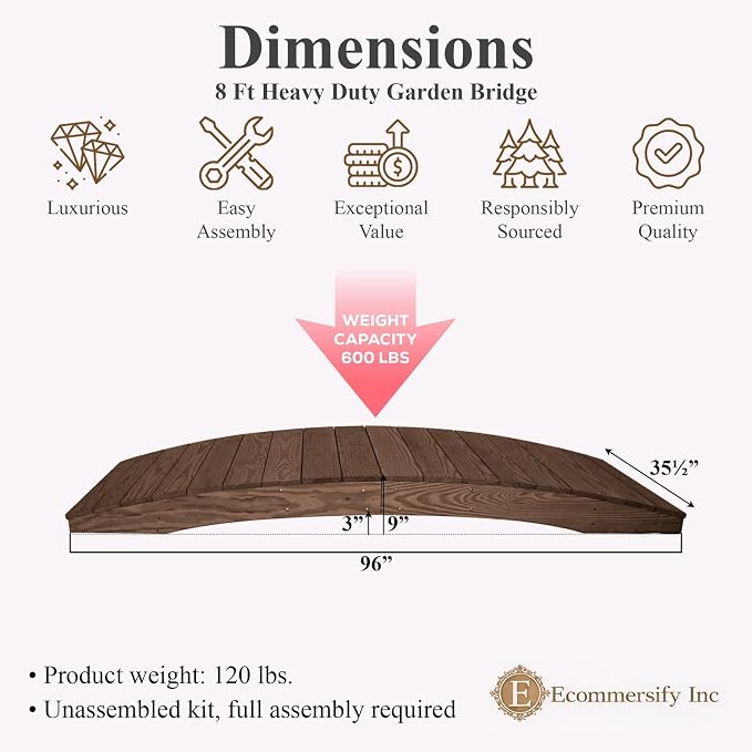 8 FT WALNUT Amish Made Pinewood Heavy Duty Garden Bridge - Image 2