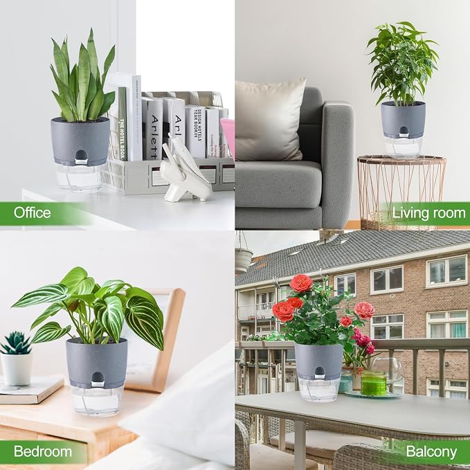 6 Inch Self Watering Pots for Indoor Plants, 6 Pack Grey Plastic Flower Pots - Image 7