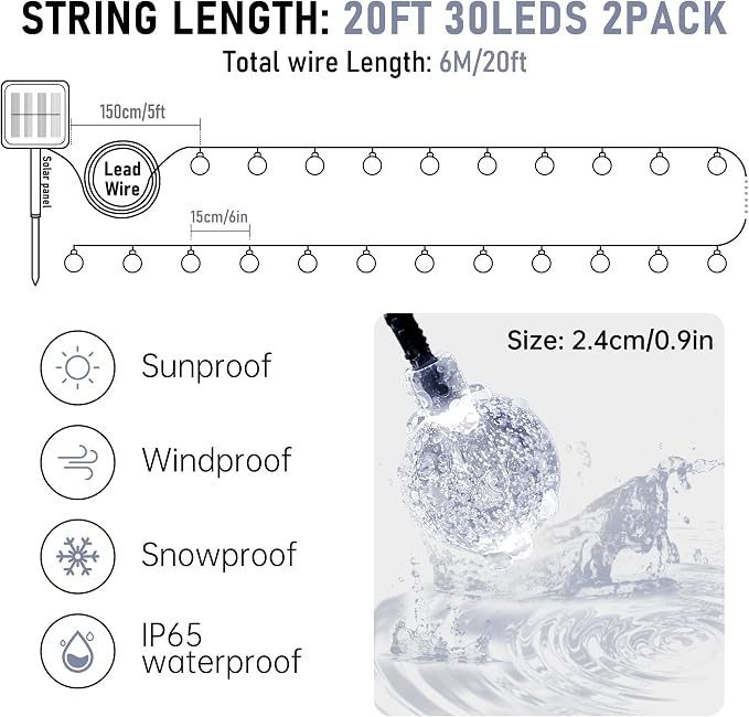 2-Pack 30 LED 20FT Solar String Lights Outdoor, Crystal Globe Lights - Image 4