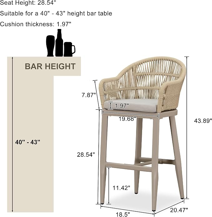 PURPLE LEAF Outdoor Bar Height Stools Set of 2 Patio Metal Modern Wicker Rattan - Image 2