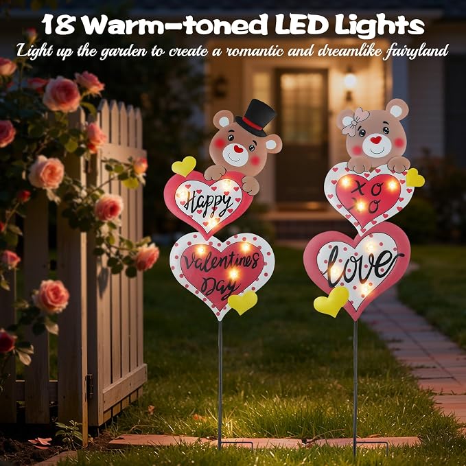 Lewondr 2 Pcs Valentine's Day Decorations Outdoor, Metal Solar Pathway Lights - Image 3
