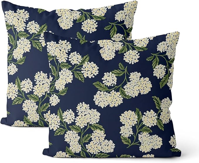 Navy Blue Spring Pillow Covers 18x18 Inch 2 Pcs Green Yellow Hydrangea Flower by DAFENA