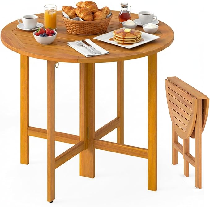 Tangkula 36 Inches Outdoor Folding Round Dining Table, No Assembly Patio Acacia by TANGKULA