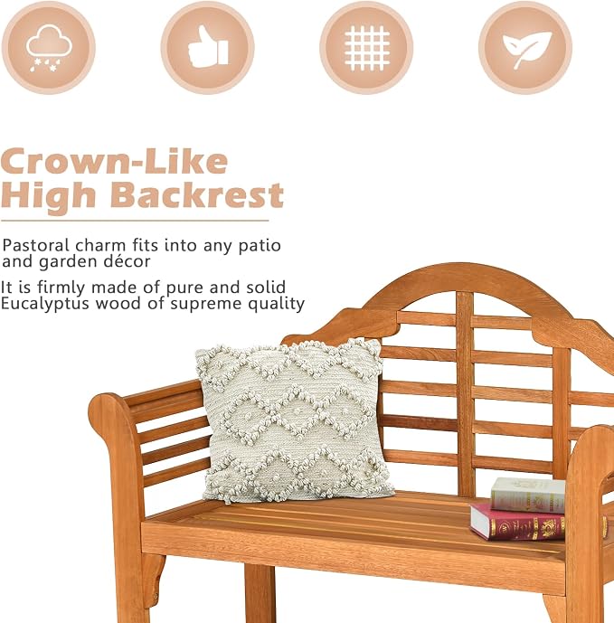 COSTWAY Folding Wooden Bench Outdoor, Crown-Like High Backrest, Patio - Image 6