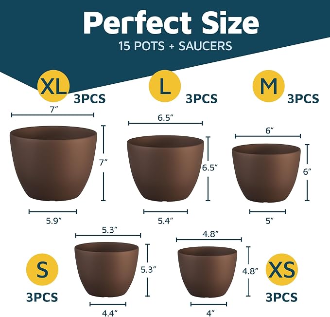 Brown Plant Pots with Drainage Holes & Saucers 15 Pack, Indoor & Outdoor - Image 2