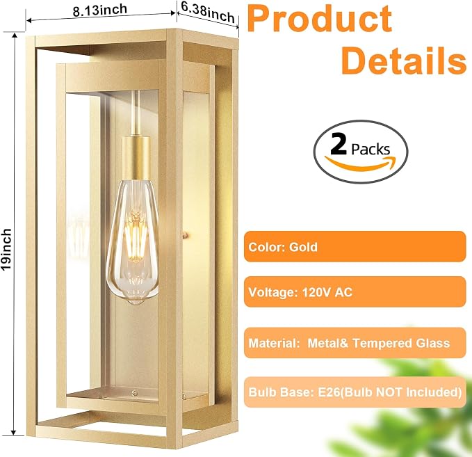 19" Gold Outdoor Light Fixture, 2 Pack Large Size Outdoor Sconce Lights - Image 4