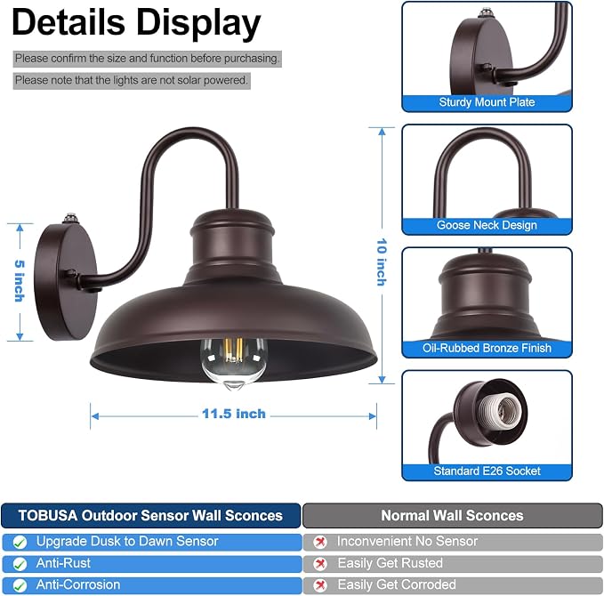 TOBUSA 2-Pack Dusk to Dawn Outdoor Wall Lights, Waterproof Farmhouse Gooseneck - Image 5