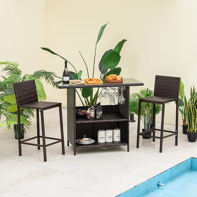 Tangkula Outdoor Bar Set, 3 Pieces Patio Wicker Bar Height Table and Chair Set - Image 3