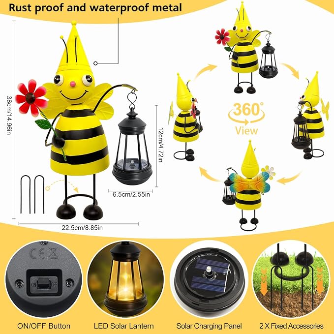 Garden Decor Bee Solar Statues, Unique Garden Statues Bee - Image 3