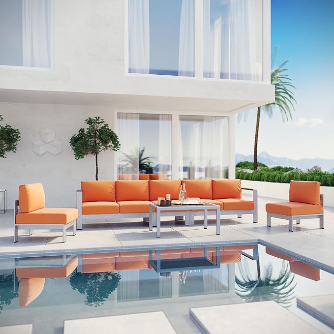Modway Shore 6-Piece Aluminum Outdoor Patio Sectional Sofa Set in Silver Orange - Image 2