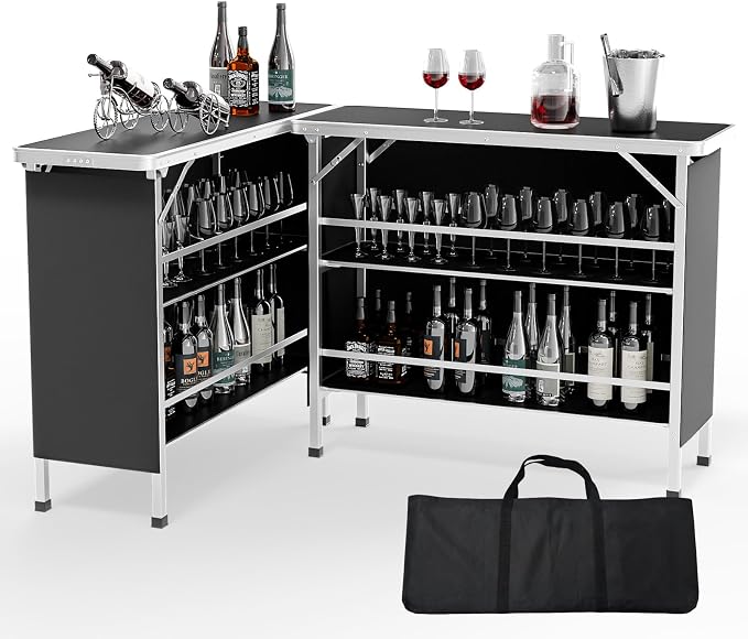VINGLI 43" Portable Bar Table, 3-Tier Shelves, Carry Bag，Mobile Bar Table by VINGLI
