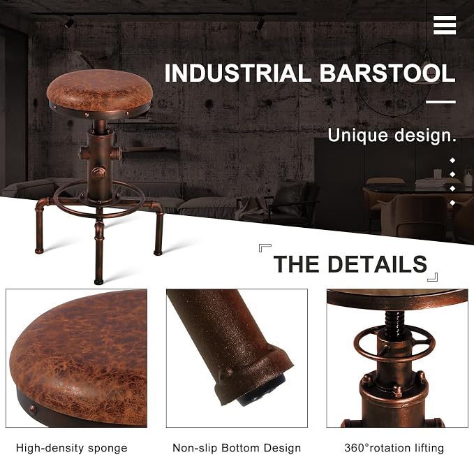 Topower Antique Vintage Industrial Barstool PU Leather Water Pipe Fire Hydrant - Image 6