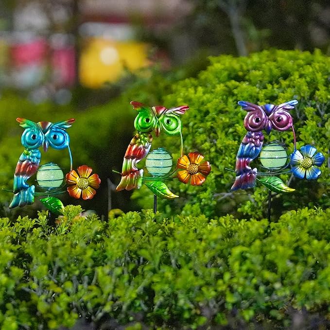 Set of 3 Owl Decorative Garden Stakes, Glow in The Dark Metal Yard Art - Image 2