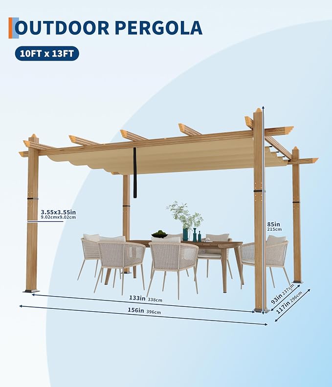 GarveeLife 10 x 13 ft Wood-Grain Aluminum Pergola Outdoor Pergola - Image 6