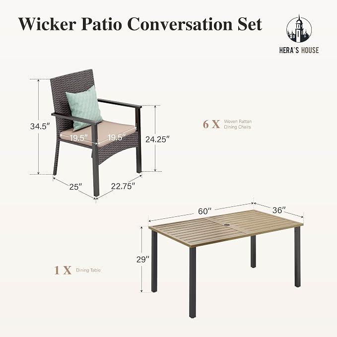 HERA'S HOUSE 7 Pieces Patio Dining Set, 6 x Outdoor Rattan Armchair - Image 7