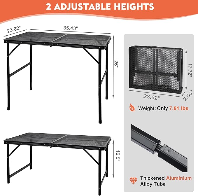 Camping Table with Mesh Desktop, Lightweight & Portable Folding Grill Table - Image 2