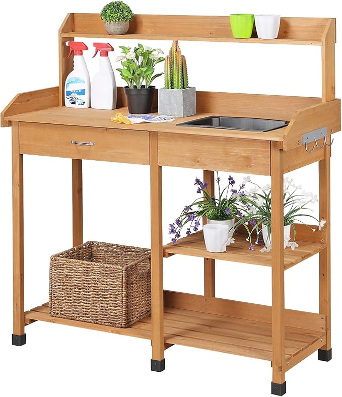 Yaheetech Potting Bench Outdoor Garden Work Bench Station Planting Solid Wood by Yaheetech