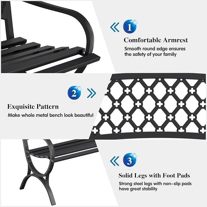 On Shine 50'' Patio Garden Bench, Loveseats Patio Park Bench, Metal Bench - Image 4