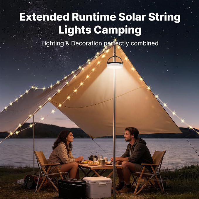 OGERY Solar Camping String Lights, 5400mAh/ 49.2FT/ 11 Modes Rechargeable - Image 2
