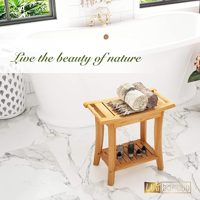 Bamboo Shower Bench with Storage Shelf, Wooden Spa Bath Deluxe Organizer Shower - Image 2