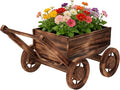 Wooden Flower Cart with Wheels Wooden Wagon Planter Outdoor Garden Planter by Dawnyard