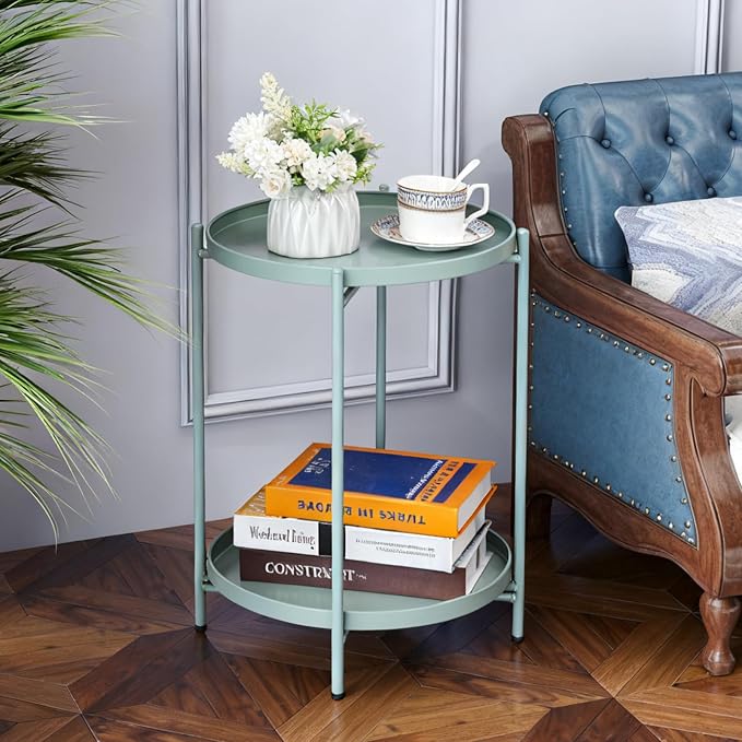 HollyHOME 2-Tier Round Side Table, Outdoor Small Folding Accent Stand - Image 7